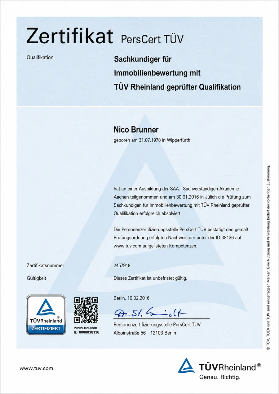 PersCert TÜV-certificaat: onze expert, deskundige in vastgoedtaxatie met door TÜV Rheinland getoetste kwalificatie PersCert TÜV-certificaat: onze expert, deskundige in vastgoedtaxatie met door TÜV Rheinland getoetste kwalificatie