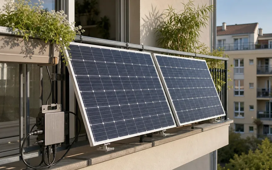 Plug-in zonnepaneel: zonnestroom voor huurders Plug-in zonnepaneel aan de balkonreling van een appartementencomplex – stekkersolar met micro-omvormer voor huurders