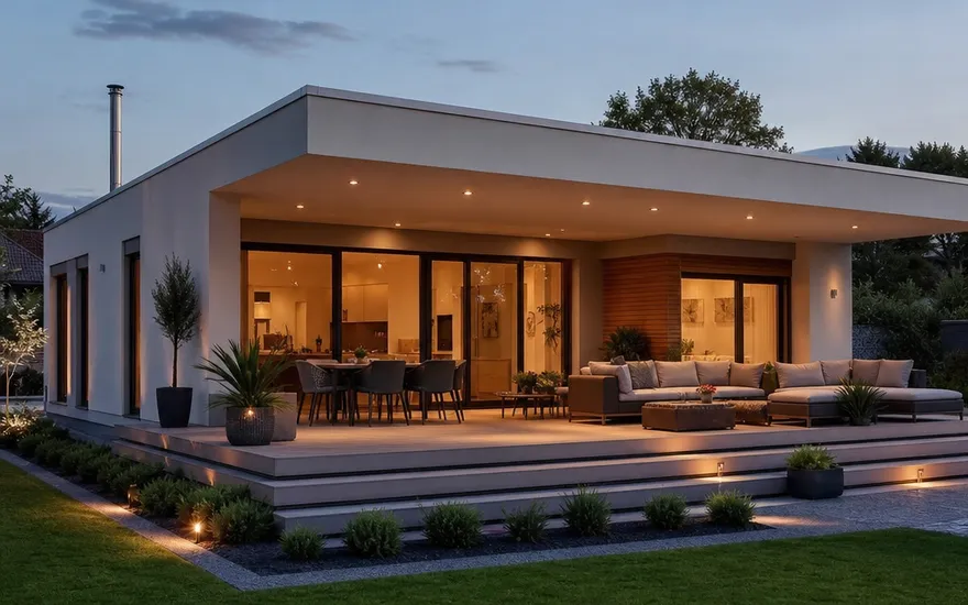 Moderne prefab bungalow met plat dak en terras in de avond – prefab bungalows en prijzen 2026