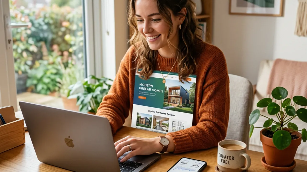 Contentmaker promoot het affiliateprogramma voor prefab woningen op een laptop – partnerprogramma op provisiebasis voor websitebeheerders en influencers