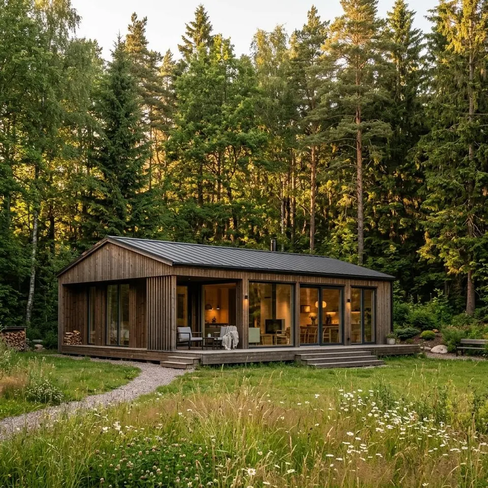 Prefab woning aan de bosrand bouwen: wonen met uitzicht op het bos Moderne prefab woning aan de bosrand met grote glasvlakken en uitzicht op het groene bos