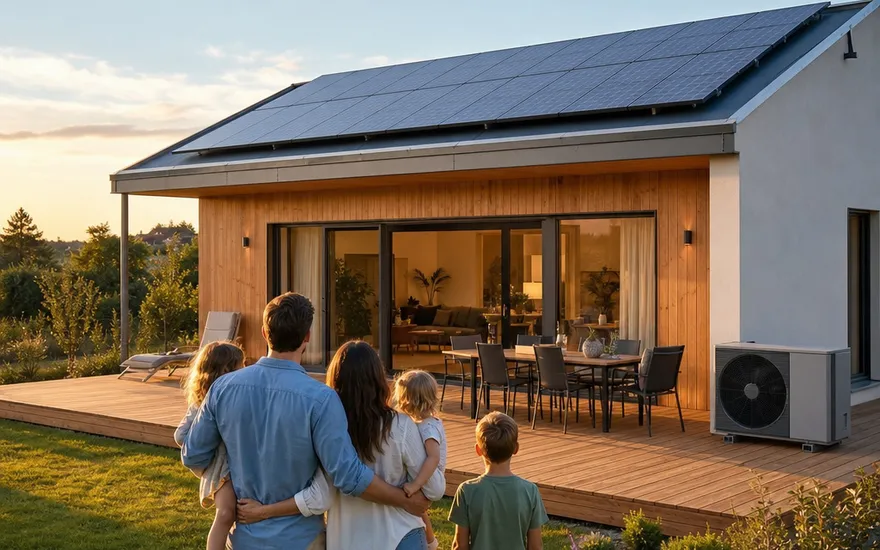 Prefab woning met airco en zonnepanelen af fabriek Prefab nieuwbouwwoning met zonnepanelen op het dak en airco-buitenunit naast het terras – koeling van meet af aan meegeplant
