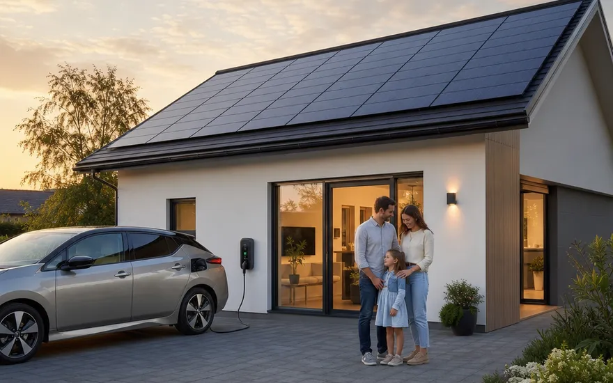Prefab woning met zonnepanelen, batterij en laadpaal af fabriek Prefab nieuwbouwwoning met vol zonnedak en laadpaal voor de elektrische auto – zonnepanelen vanaf het begin meegepland