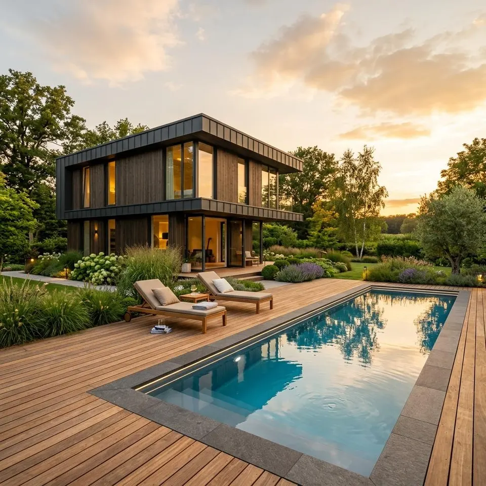 Prefab woning met zwembad in de tuin: zwembad bij de nieuwbouw meeplannen Moderne prefab woning met rechthoekig zwembad in de tuin, houten terras en ligstoelen in het avondlicht