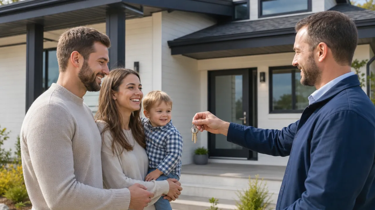 Sleutelklaar bouwen: oplevering van de instapklare prefab woning Sleuteloverdracht voor de nieuwe sleutelklare prefab woning – gezin krijgt de sleutels van de bouwpartner