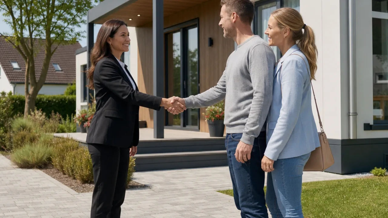 Prefab verkooppartner tijdens een klantafspraak bij de modelwoning Verkooppartner worden in de prefab verkoop: makelaar begroet een geïnteresseerde bouwer met een handdruk voor een moderne modelwoning