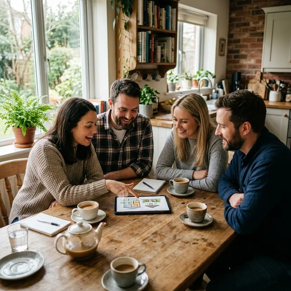 Twee stellen zitten aan de keukentafel en kijken samen op een tablet naar prefab woningaanbiedingen – een persoonlijke aanbeveling onder vrienden