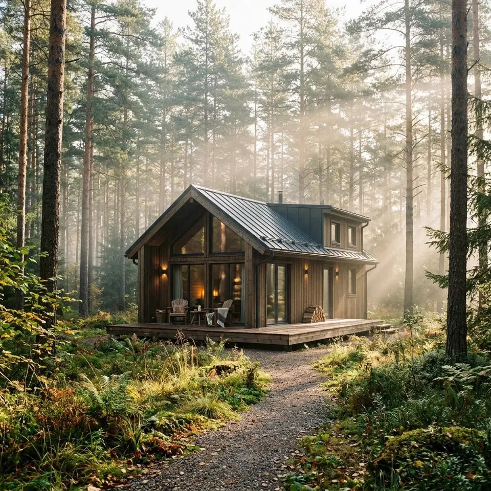Huis in het bos bouwen: houten huis op een bosopen plek Sfeervol houten huis op een open bosplek tussen hoge dennen in het ochtendlicht – huis in het bos bouwen