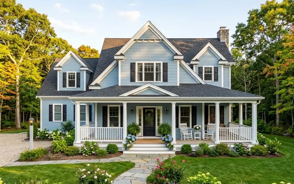Prefab woning in Amerikaanse stijl met omlopende witte veranda en lichtblauwe houten gevel – New England-prijzen 2026 Prefab woning in Amerikaanse stijl met omlopende witte veranda en lichtblauwe houten gevel – New England-prijzen 2026