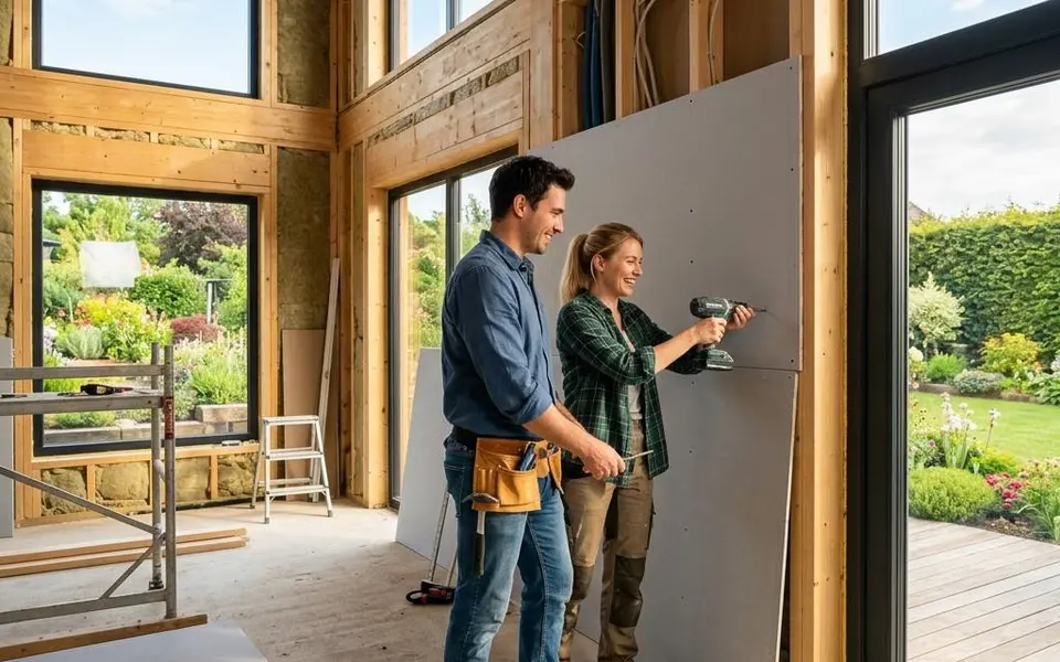 Prefab casco woning: bouwers plaatsen zelf gipsplaten in een lichte ruwbouw – bespaar op bouwkosten met eigen werk 2026 Prefab casco woning: bouwers plaatsen zelf gipsplaten in een lichte ruwbouw – bespaar op bouwkosten met eigen werk 2026