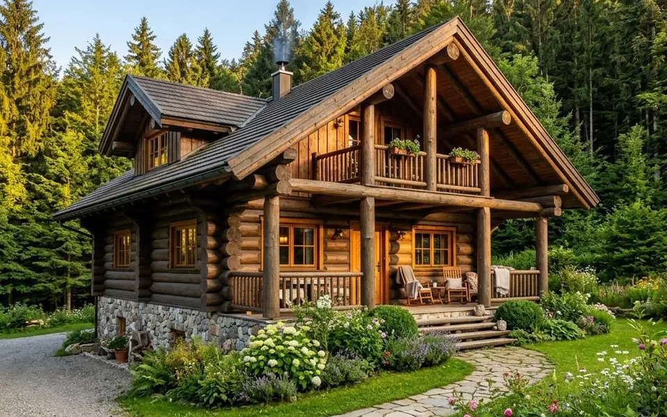 Prefab blokhut van massieve rondstammen met overdekte veranda aan de bosrand – prijzen blokhut 2026 Prefab blokhut van massieve rondstammen met overdekte veranda aan de bosrand – prijzen blokhut 2026