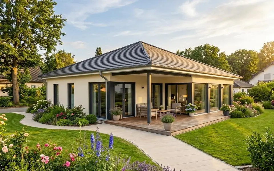 Prefab bungalow: gelijkvloerse nieuwbouw met schilddak, overdekt terras en drempelloze entree – levensloopbestendig bouwen 2026 Prefab bungalow: gelijkvloerse nieuwbouw met schilddak, overdekt terras en drempelloze entree – levensloopbestendig bouwen 2026