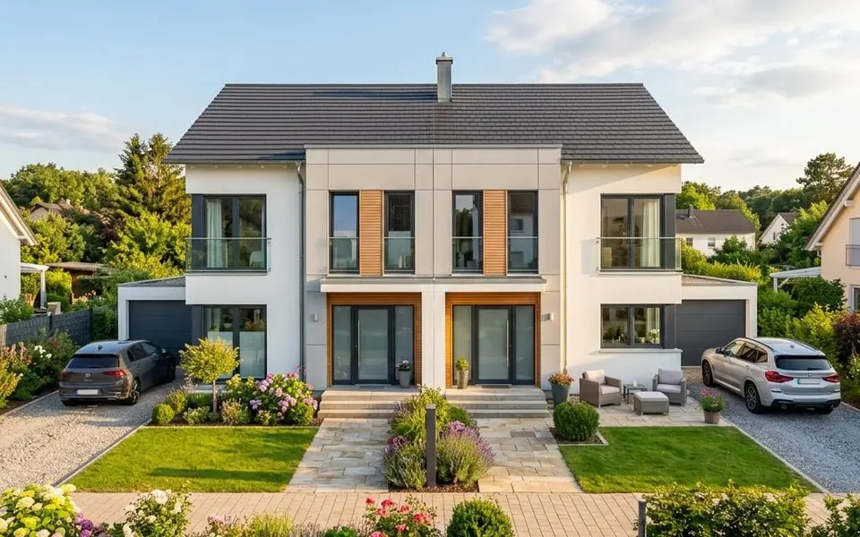 Prefab twee-onder-een-kapwoning met twee gespiegelde helften en aparte voordeuren – bouwkosten per woning 2026 Prefab twee-onder-een-kapwoning met twee gespiegelde helften en aparte voordeuren – bouwkosten per woning 2026