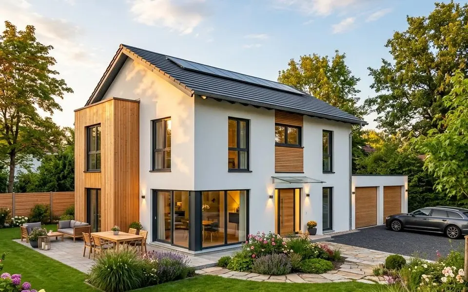 Vrijstaande prefab woning met zadeldak, witte stucgevel en houten accenten in een zonnige tuin – prijzen 2026 Vrijstaande prefab woning met zadeldak, witte stucgevel en houten accenten in een zonnige tuin – prijzen 2026
