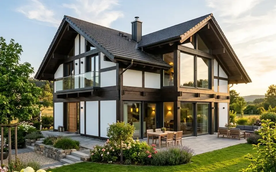 Prefab vakwerkwoning: moderne nieuwbouw met donkere houten balken, witte vakken en grote ramen – prijzen 2026 Prefab vakwerkwoning: moderne nieuwbouw met donkere houten balken, witte vakken en grote ramen – prijzen 2026