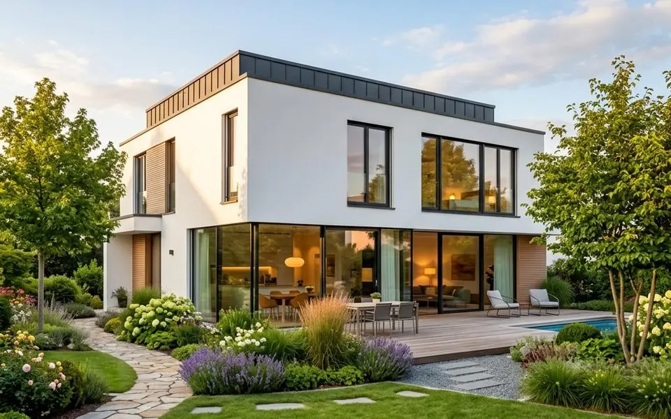Prefab woning met plat dak in kubische stijl met witte volumes en grote glasvlakken – prijzen 2026 Prefab woning met plat dak in kubische stijl met witte volumes en grote glasvlakken – prijzen 2026