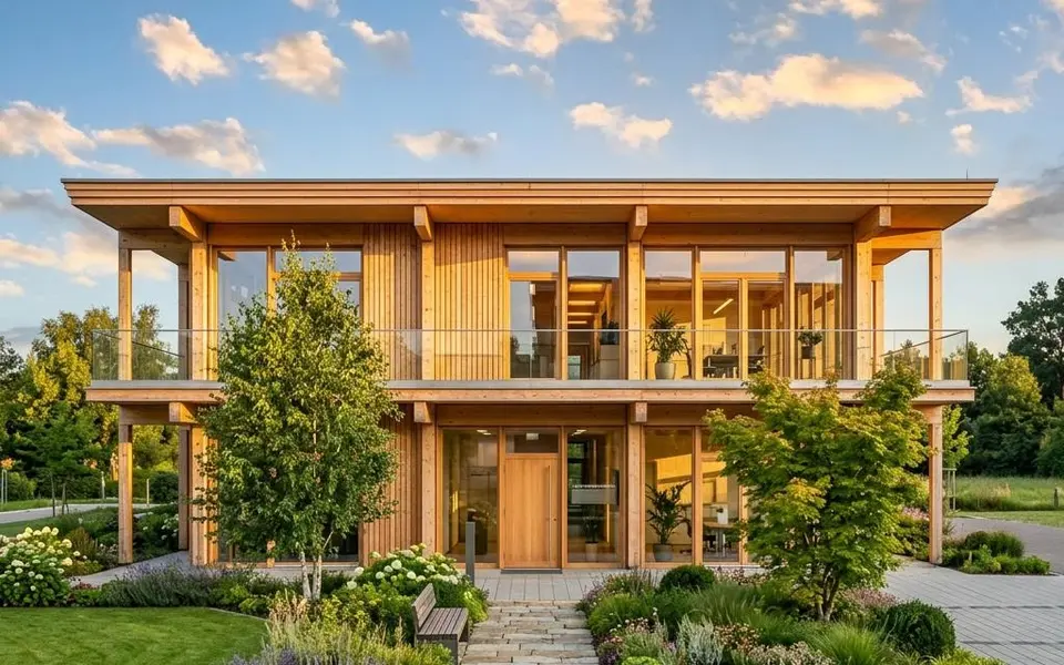 Prefab bedrijfspand: kantoorgebouw van twee verdiepingen in hout-hybride bouw met hout-glasgevel – vaste prijs 2026 Prefab bedrijfspand: kantoorgebouw van twee verdiepingen in hout-hybride bouw met hout-glasgevel – vaste prijs 2026