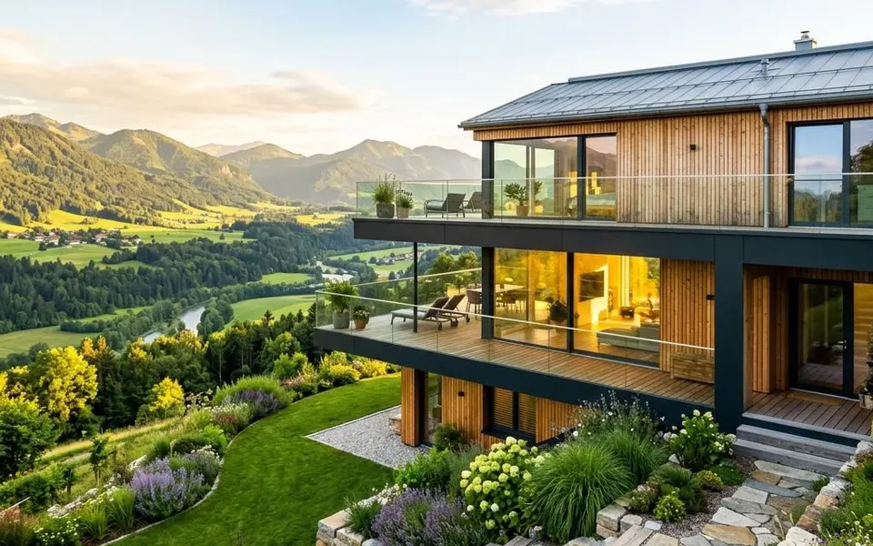 Prefab woning op een helling in split-level-bouw met panorama-glasgevel en uitkijkterras boven het dal – hellinglocatie 2026 Prefab woning op een helling in split-level-bouw met panorama-glasgevel en uitkijkterras boven het dal – hellinglocatie 2026