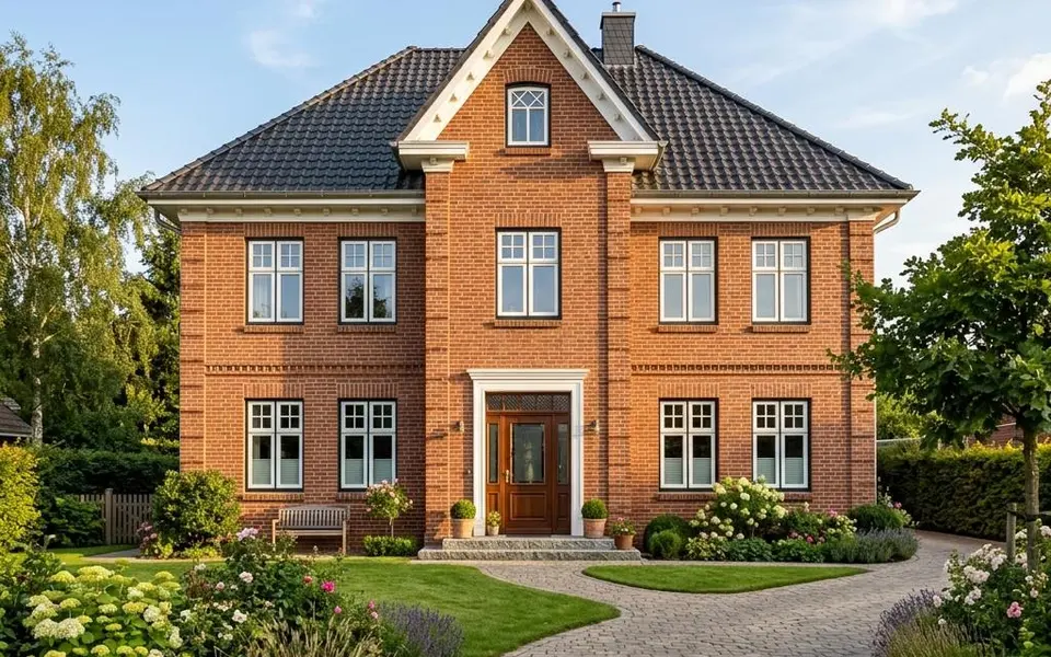 Prefab herenhuis met symmetrische metselwerkgevel, centraal dakhuis en roederamen – klassieke bouwstijl 2026 Prefab herenhuis met symmetrische metselwerkgevel, centraal dakhuis en roederamen – klassieke bouwstijl 2026