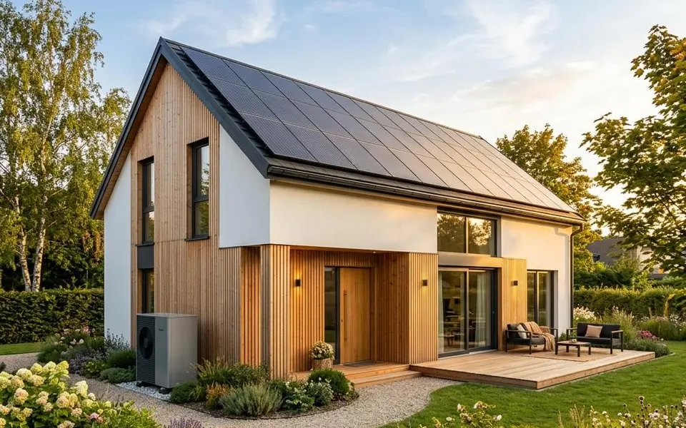 Prefab energieneutrale woning met zonnepanelen op het dak en een warmtepomp aan de gevel – maximaal energiezuinig 2026 Prefab energieneutrale woning met zonnepanelen op het dak en een warmtepomp aan de gevel – maximaal energiezuinig 2026