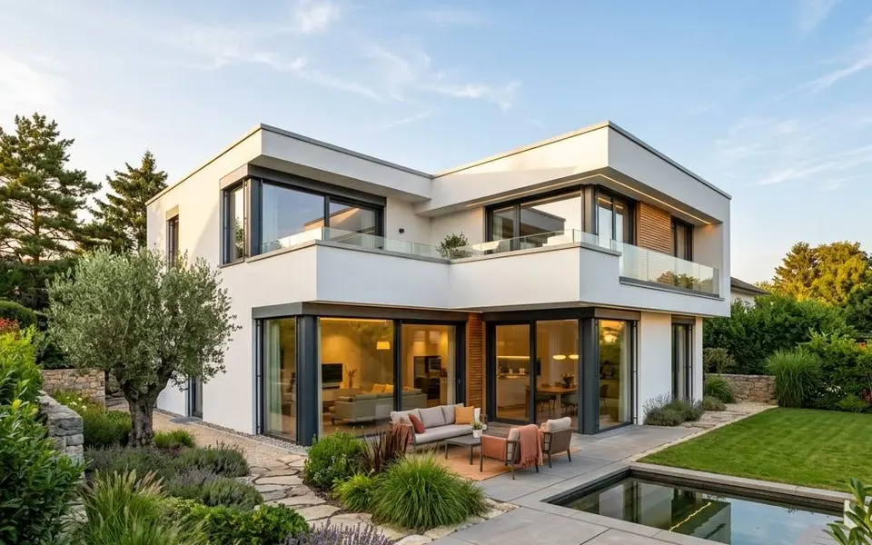 Prefab kubuswoning in kubische stijl met plat dak, witte stuc en vloer-tot-plafondramen – kubisch bouwen 2026 Prefab kubuswoning in kubische stijl met plat dak, witte stuc en vloer-tot-plafondramen – kubisch bouwen 2026