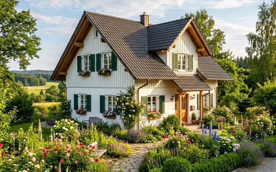 Prefab landelijke woning met zadeldak, roederamen, luiken en een landelijke tuin – prijzen landelijke stijl 2026 Prefab landelijke woning met zadeldak, roederamen, luiken en een landelijke tuin – prijzen landelijke stijl 2026