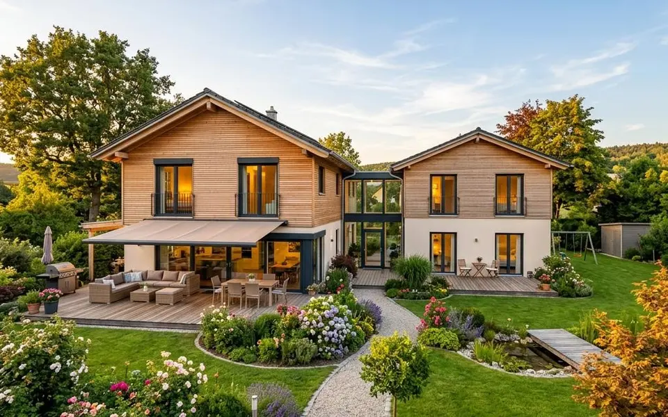 Prefab meergeneratiewoning met twee verbonden bouwdelen, terrassen en een ruime familietuin – prijzen 2026 Prefab meergeneratiewoning met twee verbonden bouwdelen, terrassen en een ruime familietuin – prijzen 2026
