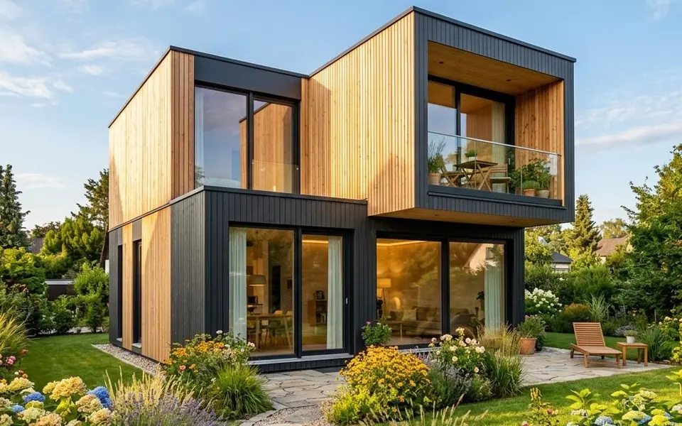 Prefab modulaire woning van twee gestapelde ruimtemodules met antraciet houten gevel en moderne tuin – prijzen 2026 Prefab modulaire woning van twee gestapelde ruimtemodules met antraciet houten gevel en moderne tuin – prijzen 2026