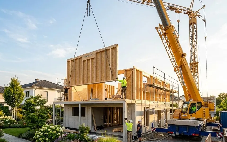 Montage prefab woning: een autokraan hijst een voorgefabriceerd wandelement op de ruwbouw terwijl monteurs het plaatsen – bouwtijd van enkele dagen 2026 Montage prefab woning: een autokraan hijst een voorgefabriceerd wandelement op de ruwbouw terwijl monteurs het plaatsen – bouwtijd van enkele dagen 2026