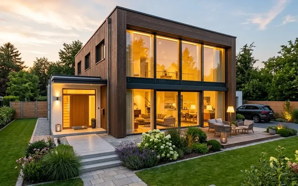 Sleutelklare prefab woning in de avondschemering met verlichte glasgevel en aangelegde tuin – vaste prijs 2026 Sleutelklare prefab woning in de avondschemering met verlichte glasgevel en aangelegde tuin – vaste prijs 2026