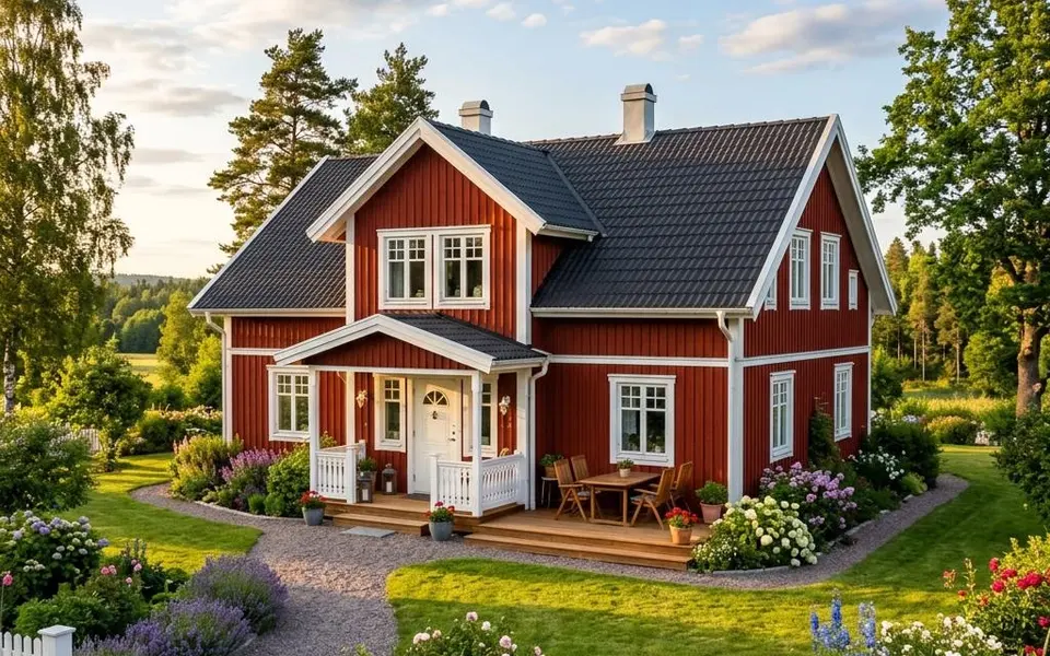 Prefab Zweeds huis in Falunrood met witte roedeverdeling en zadeldak – Scandinavisch bouwen 2026 Prefab Zweeds huis in Falunrood met witte roedeverdeling en zadeldak – Scandinavisch bouwen 2026