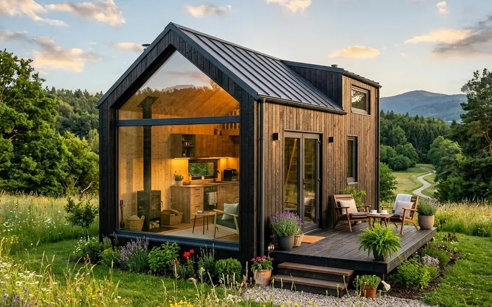 Prefab tiny house met donkere houten gevel, panoramaraam en houten terras in het bloemenveld – prijzen mini-woning 2026 Prefab tiny house met donkere houten gevel, panoramaraam en houten terras in het bloemenveld – prijzen mini-woning 2026