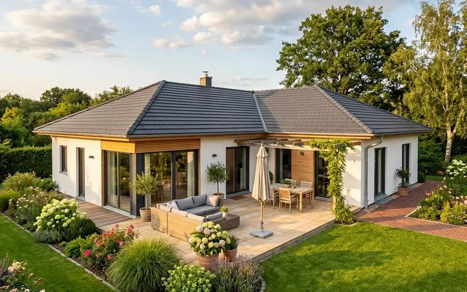 Prefab L-vormige bungalow met beschut zonneterras en schilddak – gelijkvloers bouwen 2026 Prefab L-vormige bungalow met beschut zonneterras en schilddak – gelijkvloers bouwen 2026