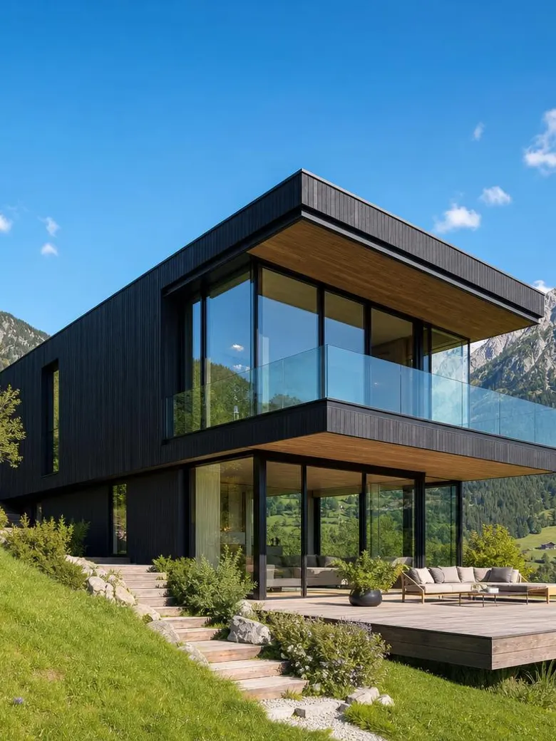 Moderne prefab woning in architectenkwaliteit, staand formaat Moderne prefab woning met meerdere lagen, donkere houten gevel en vloerhoge ramen op een zonnige helling onder een blauwe lucht – bouwinspiratie