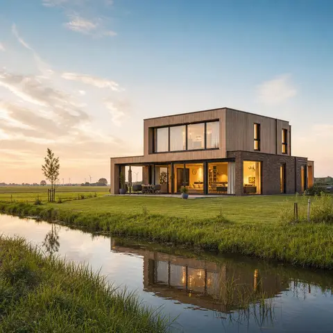 Voorbeeld van nieuwbouw: moderne prefab woning in de avond Moderne prefab woning met houten en gepleisterde gevel in avondsfeer als voorbeeld van actuele nieuwbouw