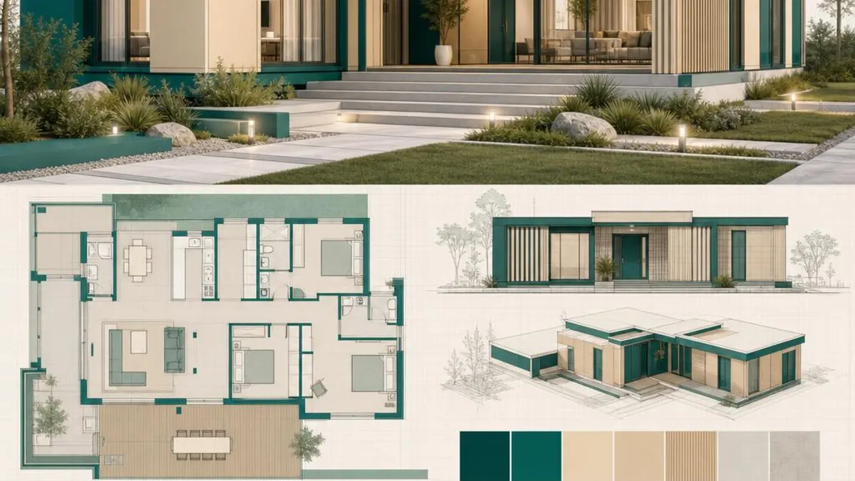 Neutrale vergelijking van prefab-aanbieders Illustratie van meerdere moderne prefab woningen van verschillende aanbieders naast elkaar als symbool voor de neutrale vergelijking