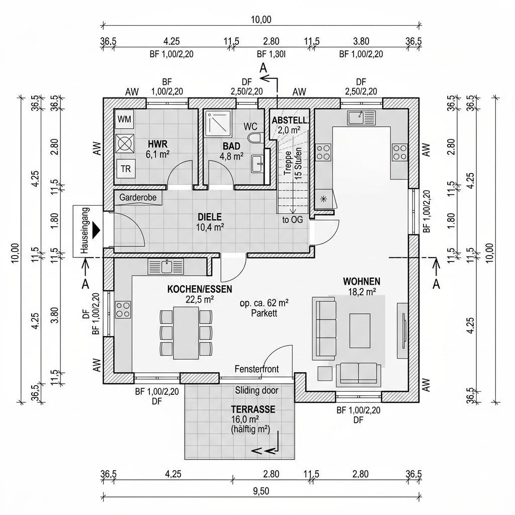 Plattegrond Stadthaus Zelt 118 van Albert Haus — 118 m², 4 kamers