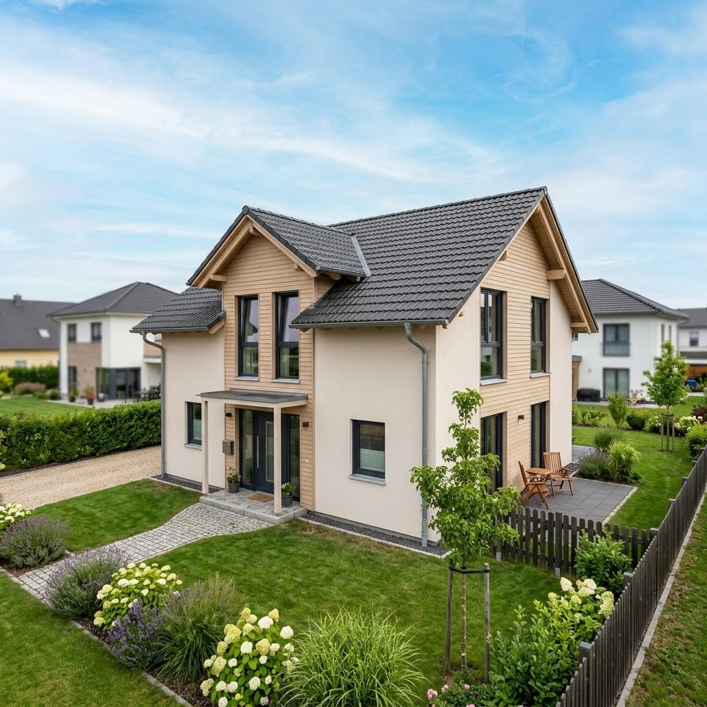 Bouwpakketwoning Bausatzhaus Solo 120 van allkauf haus met zadeldak — prefab woning van 120 m²