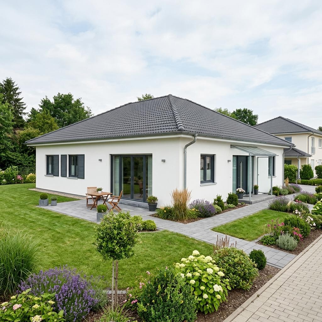 Bungalow Lifetime 1 Winkelbungalow van allkauf haus met schilddak — prefab woning van 88 m²