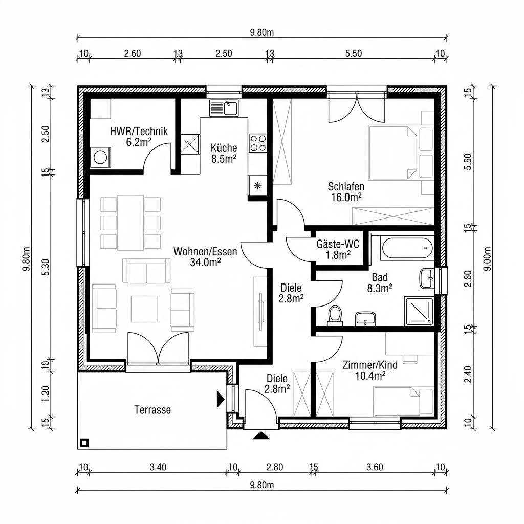 Plattegrond Lifetime 1 Winkelbungalow van allkauf haus — 88 m², 3 kamers