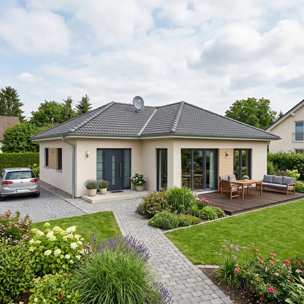 Bungalow Lifetime 6 van allkauf haus met schilddak — prefab woning van 70 m²