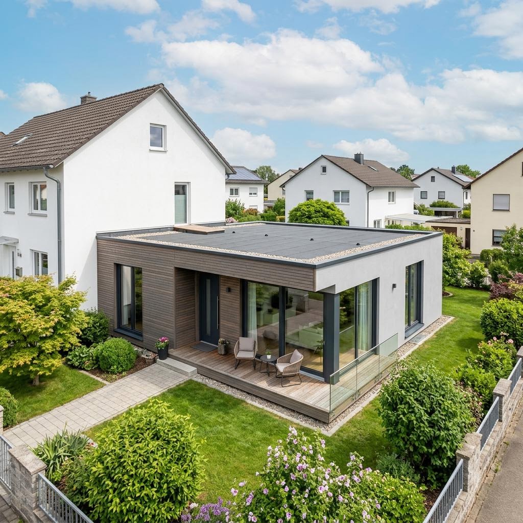 Aan- of opbouw Anbau Modul 48 van ARGE-HAUS met plat dak — prefab woning van 48 m²