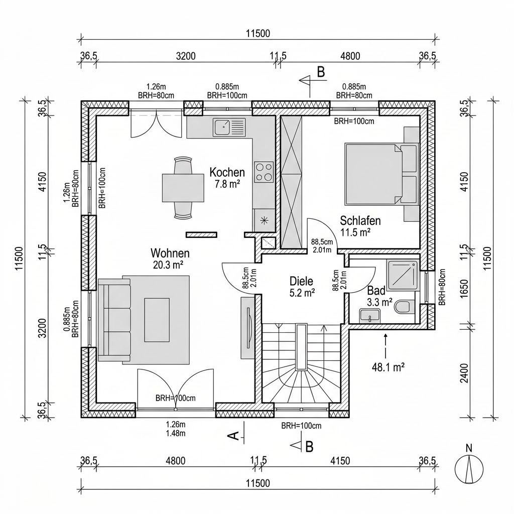 Plattegrond Anbau Modul 48 van ARGE-HAUS — 48 m², 2 kamers