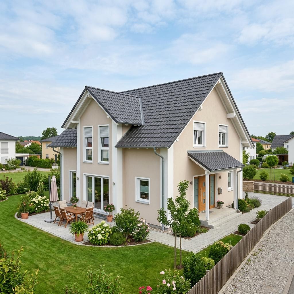 Bouwpakketwoning Bausatzhaus Kompakt 105 van ARGE-HAUS met zadeldak — prefab woning van 105 m²