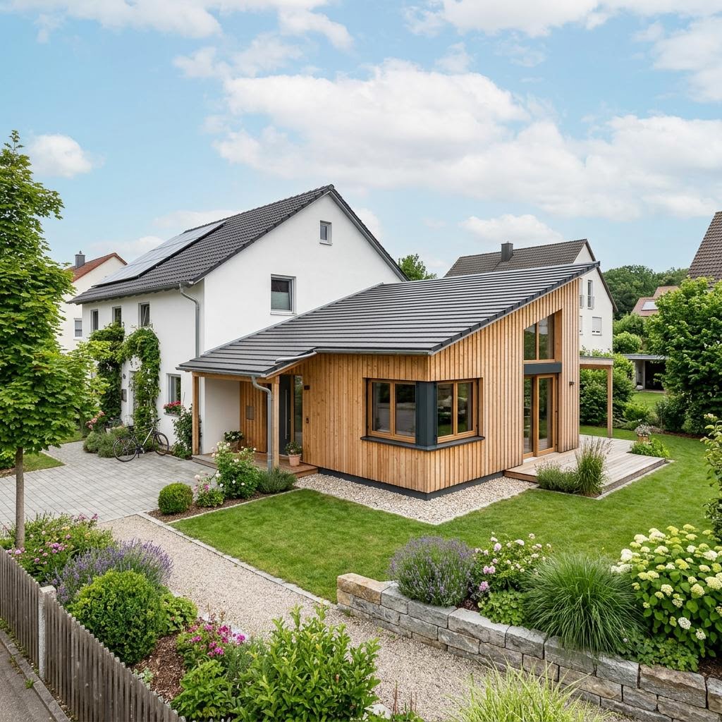 Aan- of opbouw Anbau Holzmodul 70 van Baufritz met aanslepend dakschild — prefab woning van 70 m²