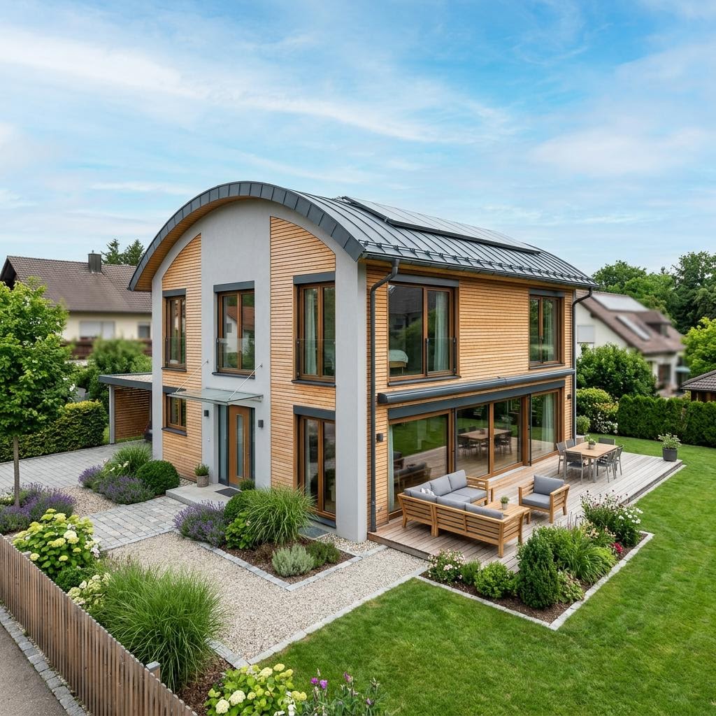 Eengezinswoning Atelierhaus Tonne 155 van Baufritz met tonvormig dak — prefab woning van 155 m²