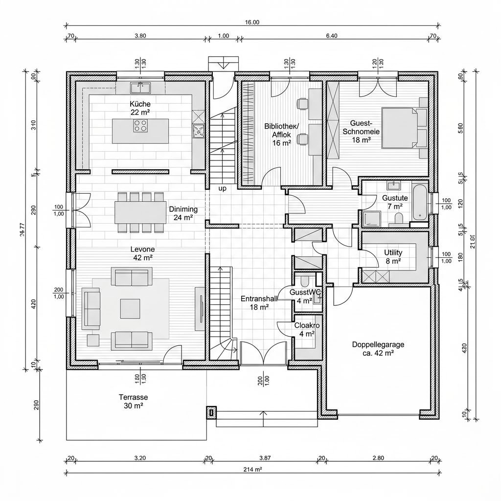 Plattegrond Haus Alpenchic van Baufritz — 214 m², 6 kamers