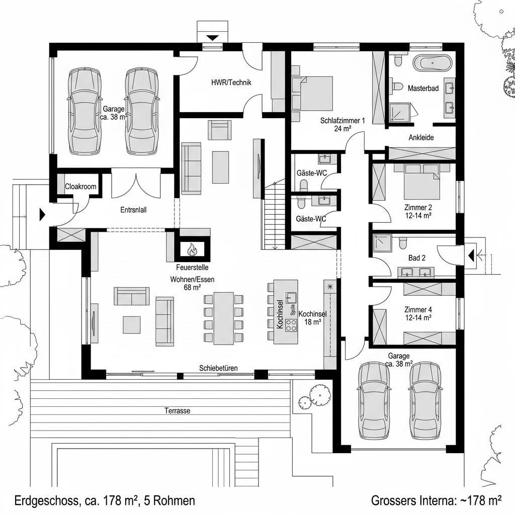 Plattegrond Haus Fischer van Baufritz — 178 m², 5 kamers