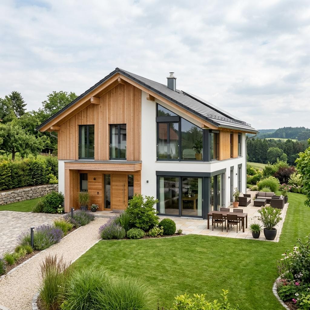 Luxevilla Haus Heitzer van Baufritz met zadeldak — prefab woning van 232 m²