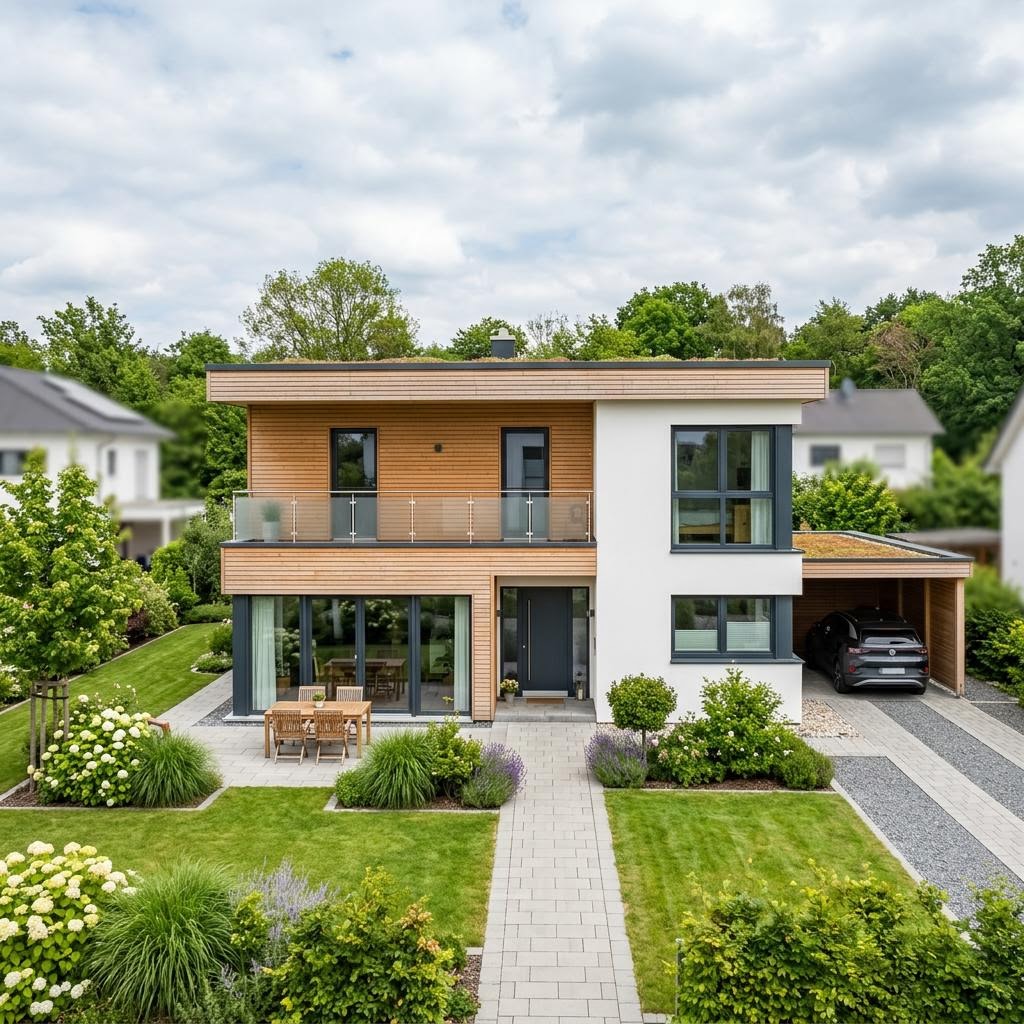 Woning met plat dak Haus Lozzi van Baufritz met plat dak — prefab woning van 158 m²